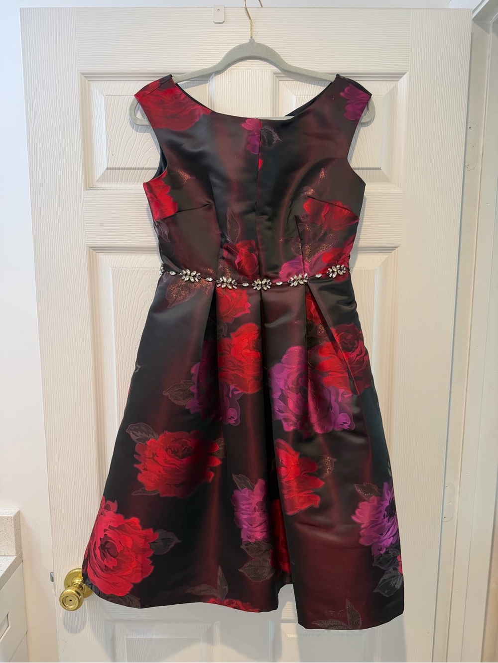Eliza J Black Satin Midi Dress with Red and Purple Floral Print